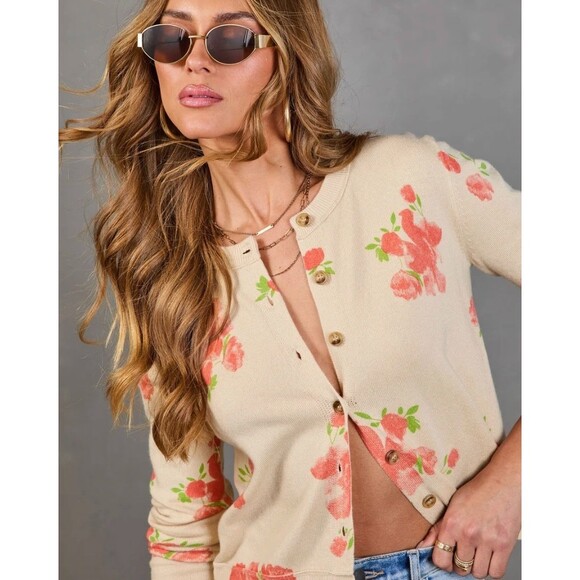 VICI Sweaters - VICI Saddle Rose Knit Floral Cardigan Small Cream Coral Button Front Long Sleeve